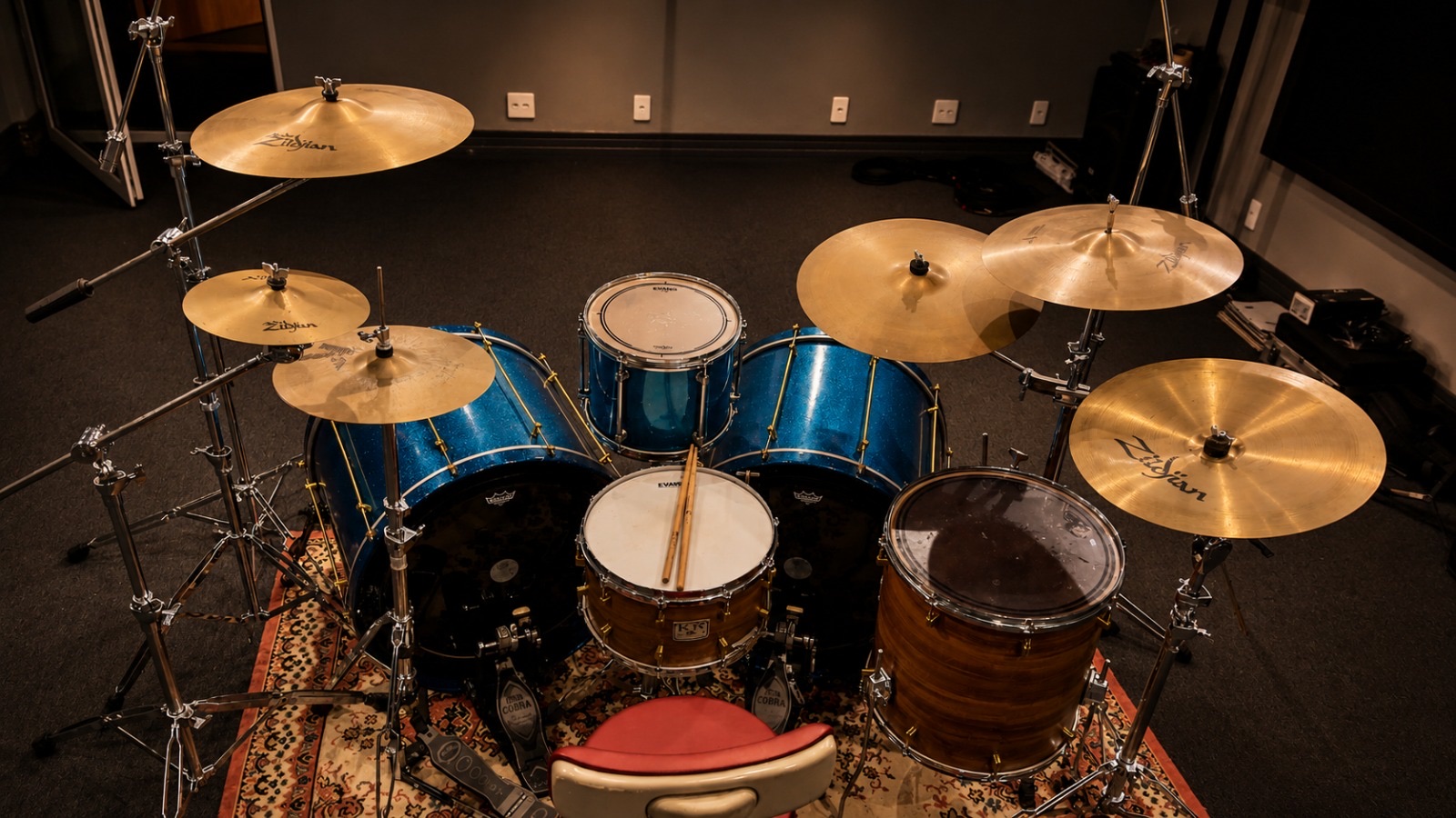 Drum kit overhead view with Zildjian cymbals.